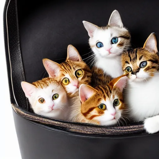 Image similar to a highly detailed photo of multiple furry cats, they are inside a big handbag, black background, studio lighting, 4 k, 8 k