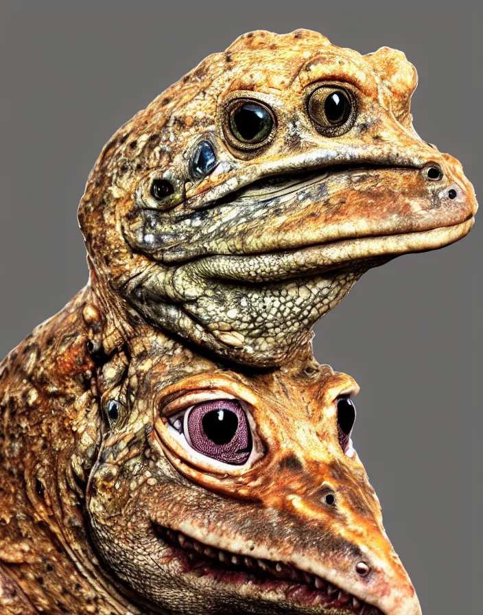 Prompt: high resolution photo portrait of muscular animal human merged head bird, background removed, scales skin frog dog rat, alligator cat merged bird head cow, chicken face morphed fish head, gills, horse head animal merge, morphing dog head, animal eyes, merging crocodile head, anthropomorphic creature