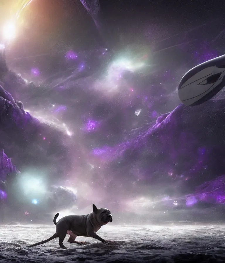 Image similar to photo of a dark gray coat pit bull with a white paws and a white nose!, surfing on a surfboard in a crashing wave of alien galaxy, trending on art station, ocean in space, background is an alien galaxy, aliens in the background, alien colors, octane render, unreal engine, wide view, 8 k, highly detailed