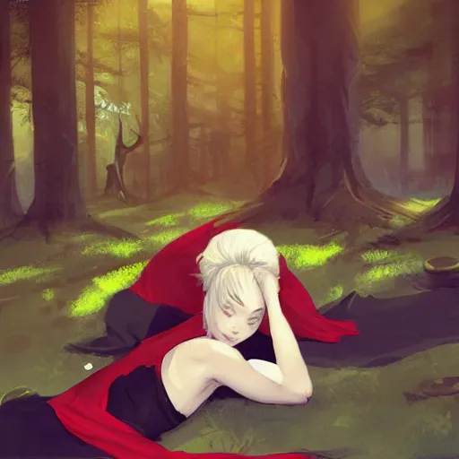 Prompt: girl sorcerer with white hair in a hairbun, wearing a black tshirt, wearing a subtle red scarf, and wearing blue jean. she is laying down sleeping, in a forest landscape. digital art, environment concept art, by rossdraws, ghibli, art by greg rutkowski