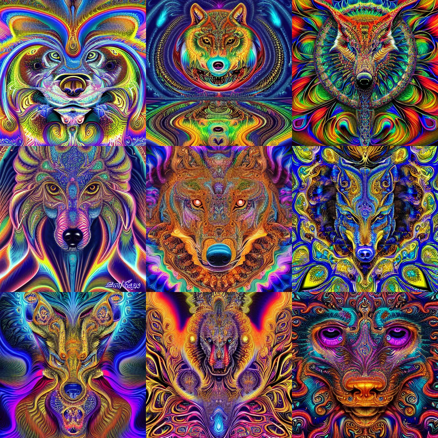 Prompt: a intricate ornate psychedelic image of a wolf head opening into a fractal universe, digital art by alex grey and dan mumford and felix kelly, psychedelic art, psychedelic, fractalism, fractals, artstation, ultra fine detailed, art, hyper realism, hyper detailed, cgsociety, ue 5, hd, 3 d, 8 k