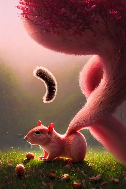 Image similar to highly detailed portrait of pink squirrel eating a hazelnut, stephen bliss, unreal engine, fantasy art by greg rutkowski, rhads, ferdinand knab, makoto shinkai and lois van baarle, ilya kuvshinov, rossdraws, tom bagshaw, global illumination, radiant light, red blue theme, pine forest