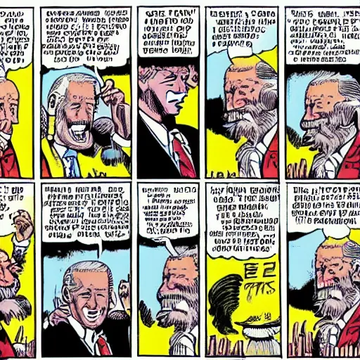 Image similar to Comic strip from Joe Biden Stock Market Man, by Alan Moore and Robert Crumb, artstartion