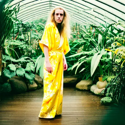 Image similar to Medium format photograph of an elegant woman that look like Brit Marling wearing a yellow kimono in a tropical greenhouse, bokeh