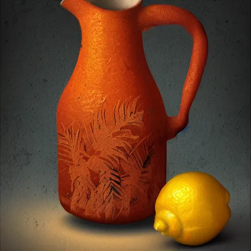 Prompt: still art, antique jug with palms inside, old candle, much vegetables, lemon, orange, pepper, cinematic light, detailed, digital art, concept art, trending on artstation, highly detailed, intricate, sharp focus, digital art, 8 k