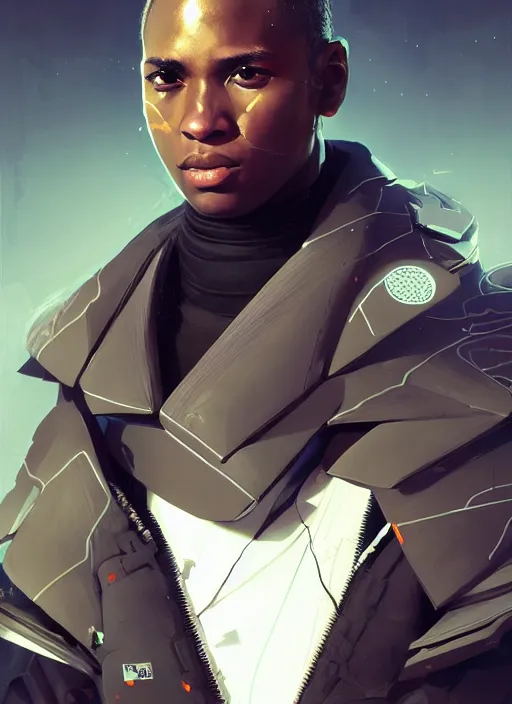 Prompt: portrait of a young black man with a mohawk and a solid black eyes, wearing futuristic techwear highly detailed, digital painting, artstation, concept art, smooth, sharp focus, illustration, art by wlop, uang guangjian and gil elvgren and sachin teng and greg rutkowski