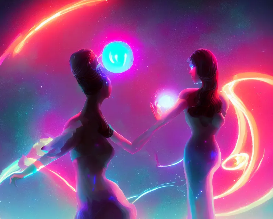 Prompt: a beautiful whimsical woman standing under a multi-colored binary blackhole with an accretion disc, casting magic, glowing trails following her arms, digital art, by Lois van Baarle, by Greg Rutkowski, by artgerm, by beeple, by studio ghibli, cinematic angle, volumetric lighting, 4k resolution, octane render, trending on artstation, masterpiece