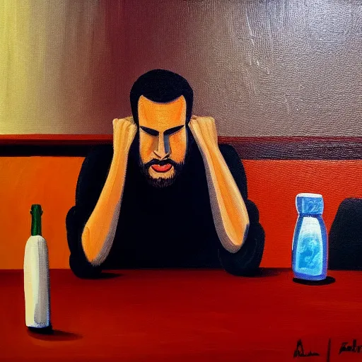 Image similar to a man sitting in a bar about to make a fundamental decision for his life, he is uncertain, but he knows he would rather have remorse than regret, acrylic painting