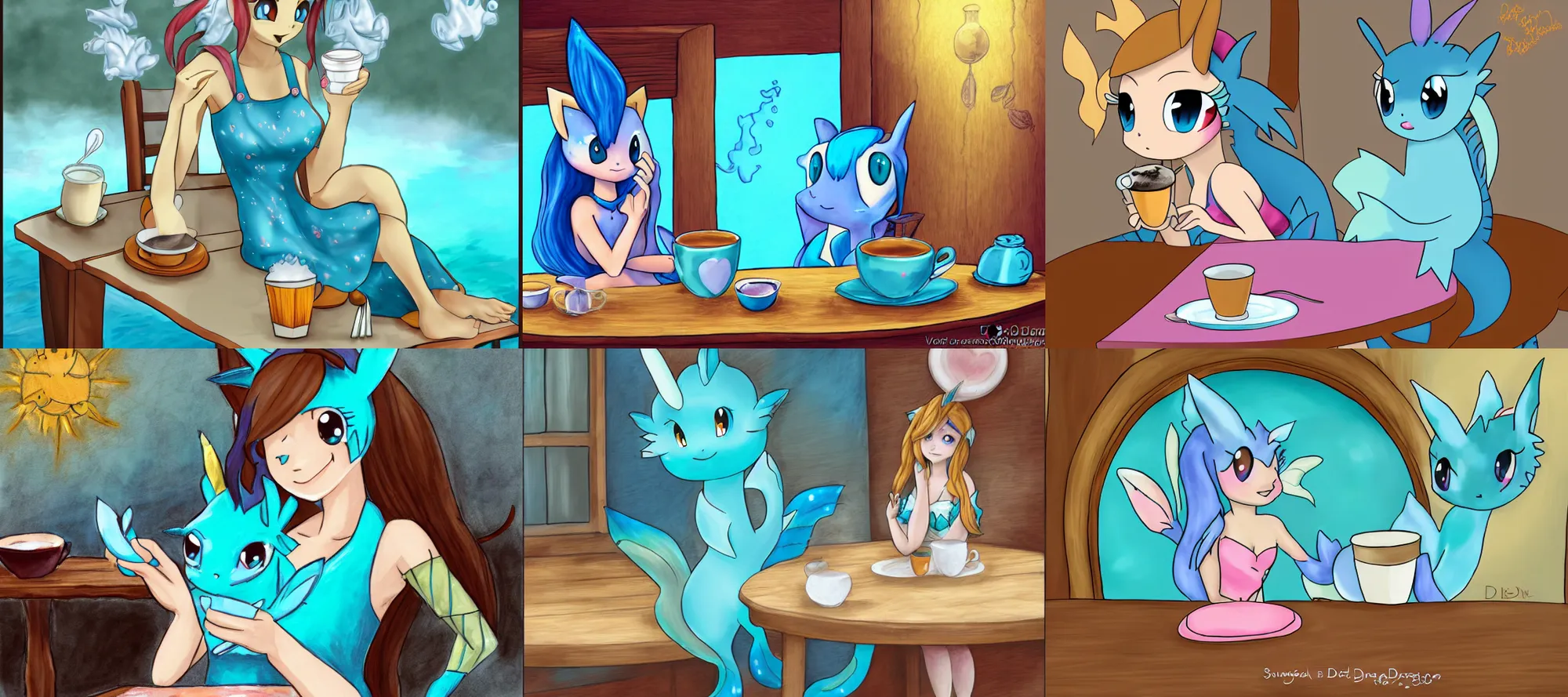 Prompt: vaporeon wearing a sundress sitting at a table with cup of coffee by draggincat