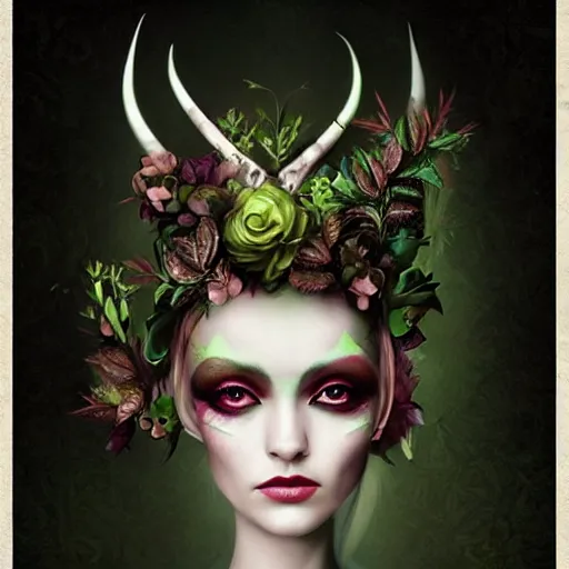 Image similar to of a woman, surreal Portrait inspired by Natalie Shau, Anna dittmann, plants growing on the head, horns,cinematic