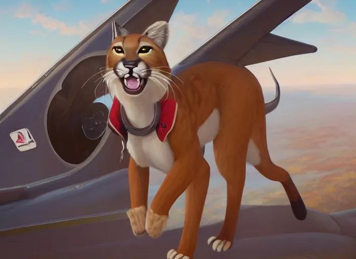 Image similar to character portrait feature of the anthro female anthropomorphic puma bobcat mountain lion fursona wearing airline pilot outfit uniform professional pilot for delta airlines character design stylized by charlie bowater, ross tran, artgerm, and makoto shinkai, detailed, soft lighting, rendered in octane