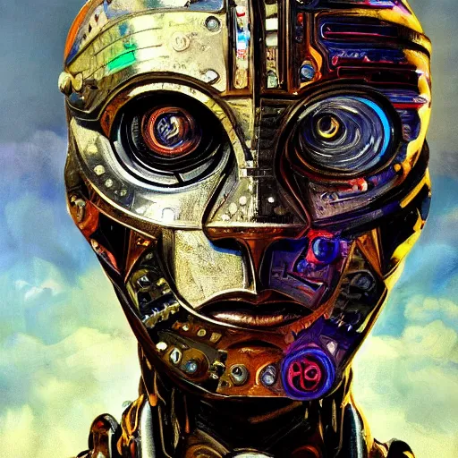 Prompt: Intricate five star Cyborg Warrior portrait by Pablo Picasso, oil on canvas, HDR, high detail, Photo realistic, hyperrealism,matte finish, high contrast, 3d depth, masterpiece, vivid and vibrant colors, enhanced light effect, enhanced eye detail,artstationhd