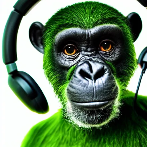 Image similar to a high quality photo of a green chimp wearing headphones, realism, 8k