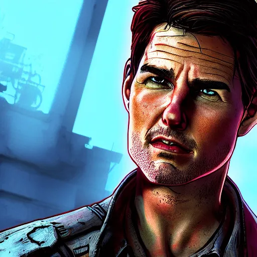 Image similar to tom cruise portrait, borderlands, tales from the borderlands, the wolf among us, comic, cinematic lighting, studio quality, 8 k