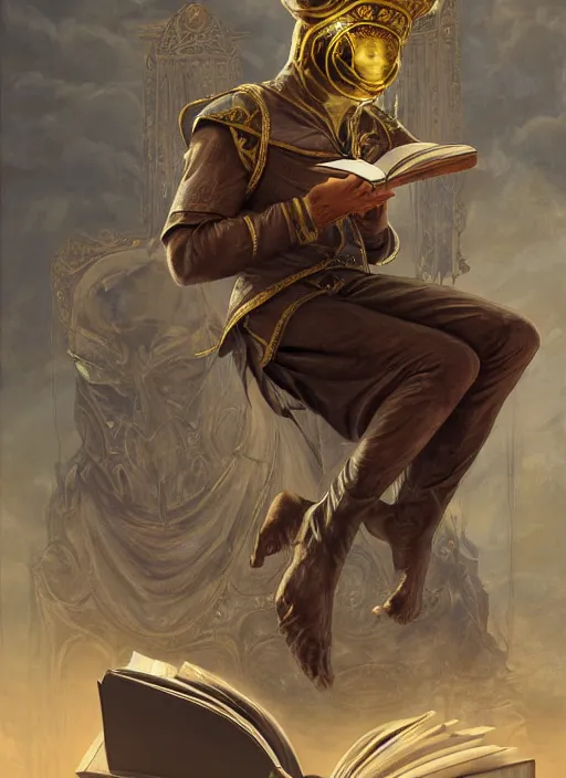 Image similar to Magic Floating Thespian Mask reading a book, no body, bodyless, theater mask, Ivan Aivakovsky, Boris Vallejo, epic fantasy character art, D&D Concept Art, Realistic, Regal, Refined, extremely detailed, Detailed Digital Art, Oil Paining, Exquisite detail, post-processing, masterpiece, Cinematic Lighting, Unreal Engine, 8k, HD, Stanley Artgerm Lau, WLOP, Rossdraws, Frank Frazetta, Andrei Riabovitchev, Marc Simonetti, trending on artstation, flawless