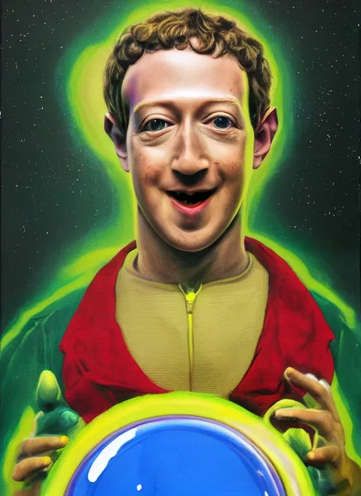 Prompt: Mark Zuckerberg looks anxious dressed as a Teletubbies, hyperfeminine, oil on canvas painting from rococo era Mark Zuckerberg portrait, Mattel product, vintage advertisement CMYK coloured lithography in the style of Bjork, in the style of David O\'Reilly, directed by David Cronenberg, weirdcore cursed POV hidden