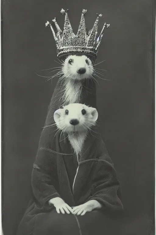 Image similar to a wet plate photo of a ferret king, wearing a crown, wearing a robe