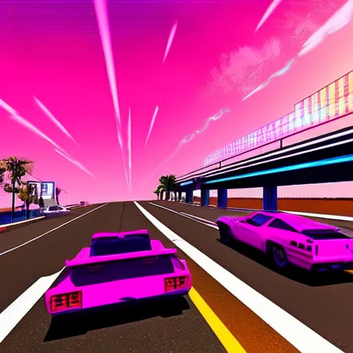 Prompt: car chase with synthwave aesthetic