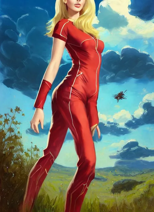 Prompt: portrait of a combination of Ashley Greene, Victoria Justice and Adriana Dxim, Grace Kelly, Emma Watson and Lily Collins with blonde hair wearing Varia Suit from Metroid, countryside, calm, fantasy character portrait, dynamic pose, above view, sunny day, thunder clouds in the sky, artwork by Jeremy Lipkin and Giuseppe Dangelico Pino and Michael Garmash and Rob Rey and Greg Manchess and Huang Guangjian, very coherent asymmetrical artwork, sharp edges, perfect face, simple form, 100mm