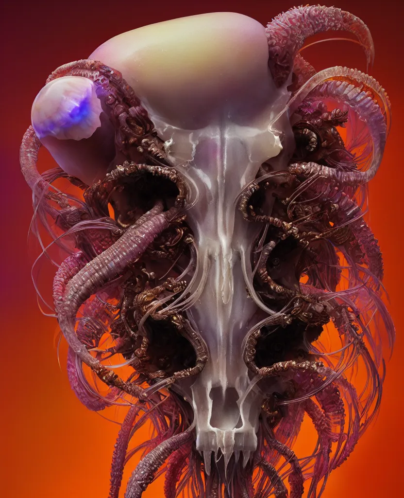 Image similar to goddess close-up portrait ram skull. jellyfish phoenix head, nautilus, orchid, skull, betta fish, bioluminiscent creatures, intricate artwork by Tooth Wu and wlop and beeple. octane render, trending on artstation, greg rutkowski very coherent symmetrical artwork. cinematic, hyper realism, high detail, octane render, 8k