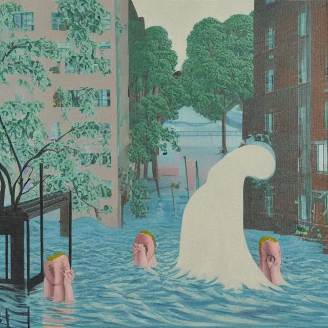 Image similar to painting of flood waters inside an apartment, taps with running water, tall female emo art student, a river flooding inside, tangelos, zen, pigs, ikebana, water, river, rapids, waterfall, black swans, canoe, pomegranate, berries dripping, acrylic on canvas, surrealist, by magritte and monet