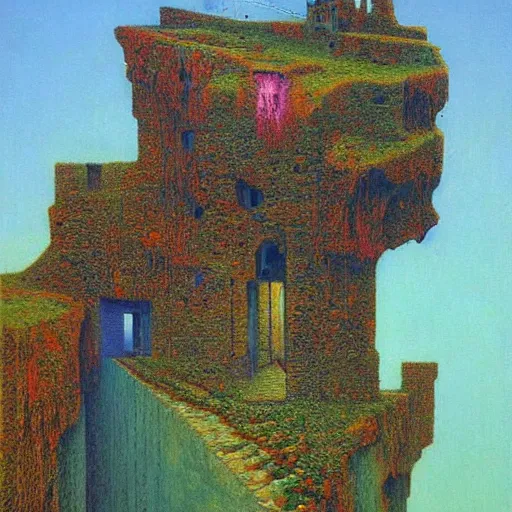 Prompt: mansion hanging off a cliff, vibrant colors, painting by Beksinski