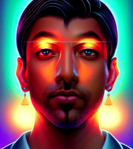 Image similar to symmetry!! indian prince of technology, solid cube of light, hard edges, product render retro - futuristic poster scifi, lasers and neon circuits, brown skin handsome indian prince, intricate, elegant, highly detailed, digital painting, artstation, concept art, smooth, sharp focus, illustration, dreamlike, art by artgerm