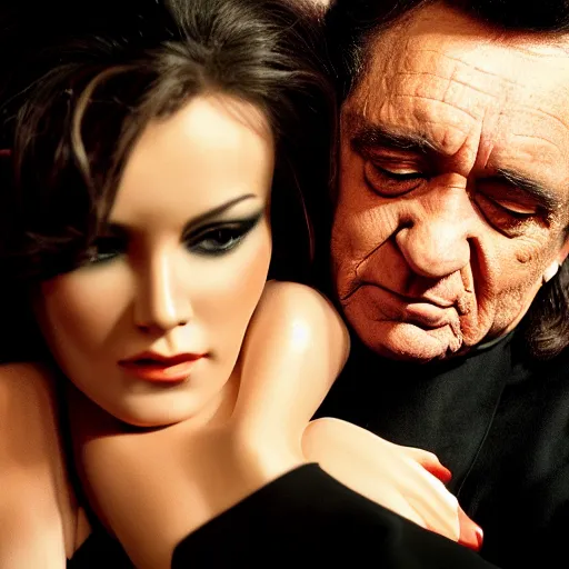 Prompt: Johnny Cash being hugged by playboy women, realistic, 8k resolution, hyperdetailed, highly detailed, real life, studio lighting, high quality, dramatic shot,