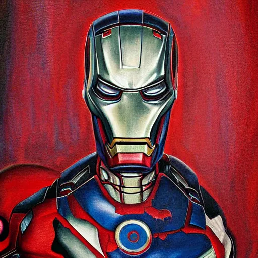 Image similar to death-camp-survivor-super-skinny-emaciated-horribly-skinny-Laughing-Cheerfully-Iron-Man painting by Thomas-Montacellinio
