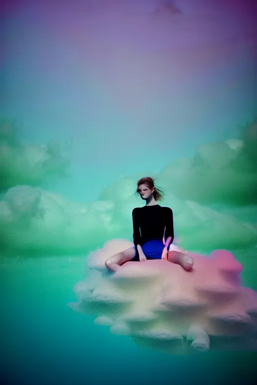 Image similar to high quality pastel coloured film close up wide angle photograph of a model wearing clothing swimming on cloud furniture in a icelandic black rock!! environment in a partially haze filled dreamstate world. three point light, rainbow. photographic production. art directed. pastel colours. volumetric clouds. pastel gradient overlay. waves glitch artefacts. extreme facial clarity. 8 k. filmic.