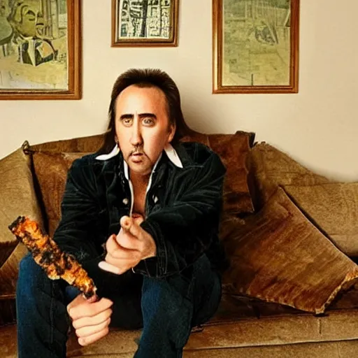 Image similar to nicolas cage smoking huge blunt on couch