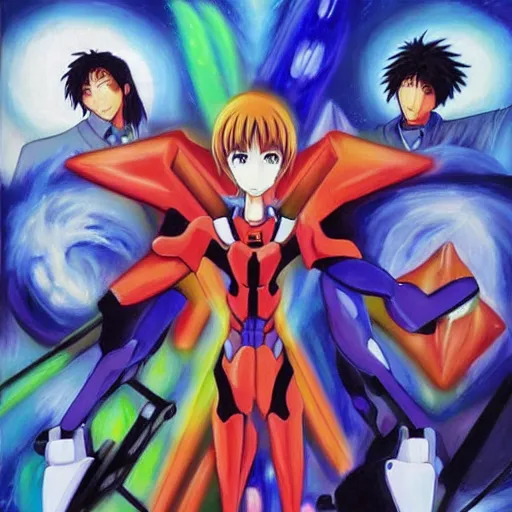 Image similar to an oil painting of the angels of the anime series neon genesis evangelion