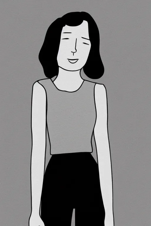 Image similar to portrait of a girl in long pants and a top, hands in pockets, eyes closed, bob haircut, digital art, black and white, simple, lineart