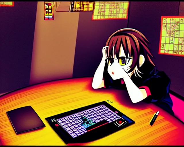 Image similar to chihiro! fujisaki, thinkpad!, coding time, room is rich, baroque, anime style