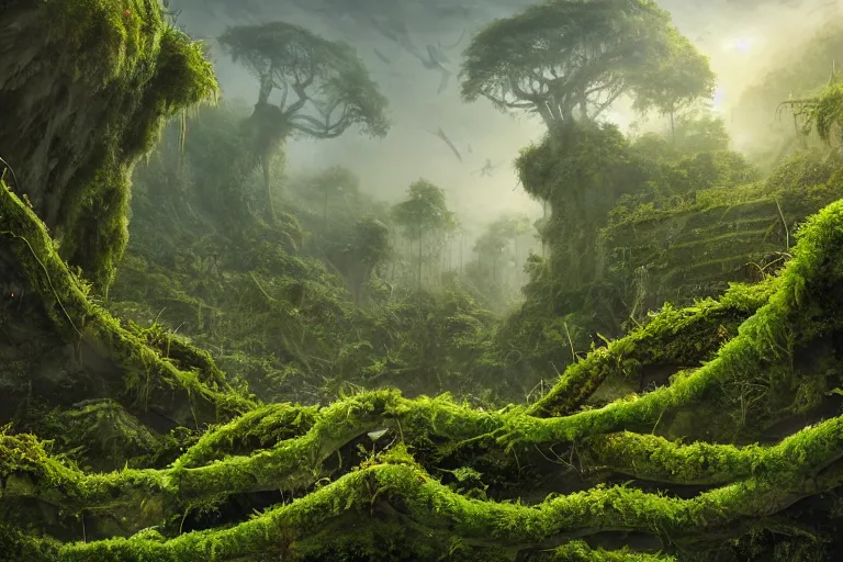 Prompt: an epic landscape view of vines and moss growing on times square, moss, jungle, with pterosaurs flying, close - up, low angle, wide angle, atmospheric, volumetric lighting, cinematic, very realistic, sharp, highly detailed digital art, painted by tyler edlin