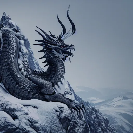 Prompt: Western dragon majestic and powerful resting curled up atop a mountain in the snow. 4k, hyper realistic
