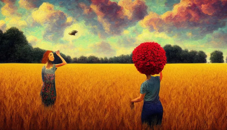 Prompt: giant red carnation afro head, full body, girl watching sunset, empty wheat field, surreal photography, forest background, dramatic light, impressionist painting, colorful clouds, digital painting, pointillism, artstation, simon stalenhag