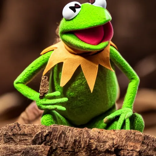 Image similar to Kermit the frog as a caveman, highly detailed, high quality, HD, 4k, 8k, Canon 300mm, professional photographer, 40mp, lifelike, top-rated, award winning, realistic, sharp, no blur, edited, corrected, trending