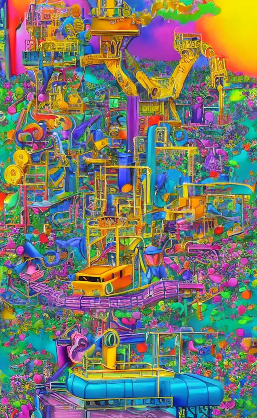Prompt: surrealist machinery factory by yoko d'holbachie, lisa frank,