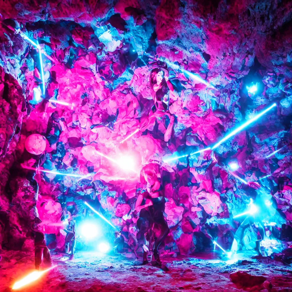 Prompt: cinematic shot of a goth disco in a cave, brutal weapons made of pink lasers and blue crystals forming a sphere, 8k photograph