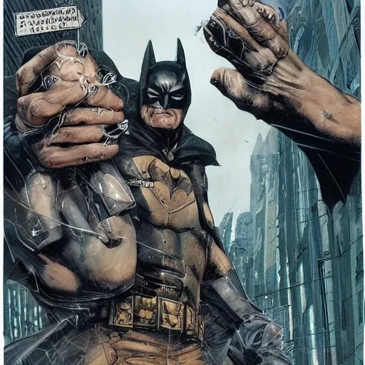 Prompt: comic book cover art of batman by lee bermejo and greg rutkowski