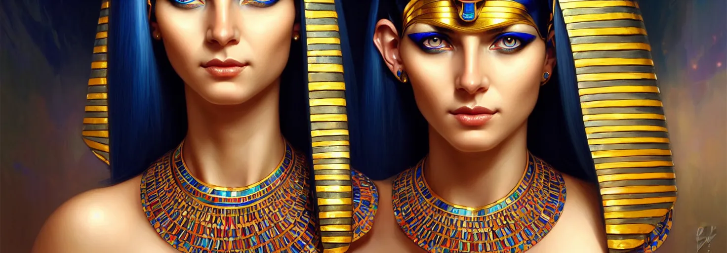 Image similar to astral egyptian woman portrait, blue eyes, face, cleopatra hair, astral, intricate, elegant, highly detailed, digital painting, artstation, concept art, smooth, sharp focus, illustration, art by artgerm and greg rutkowski and alphonse mucha