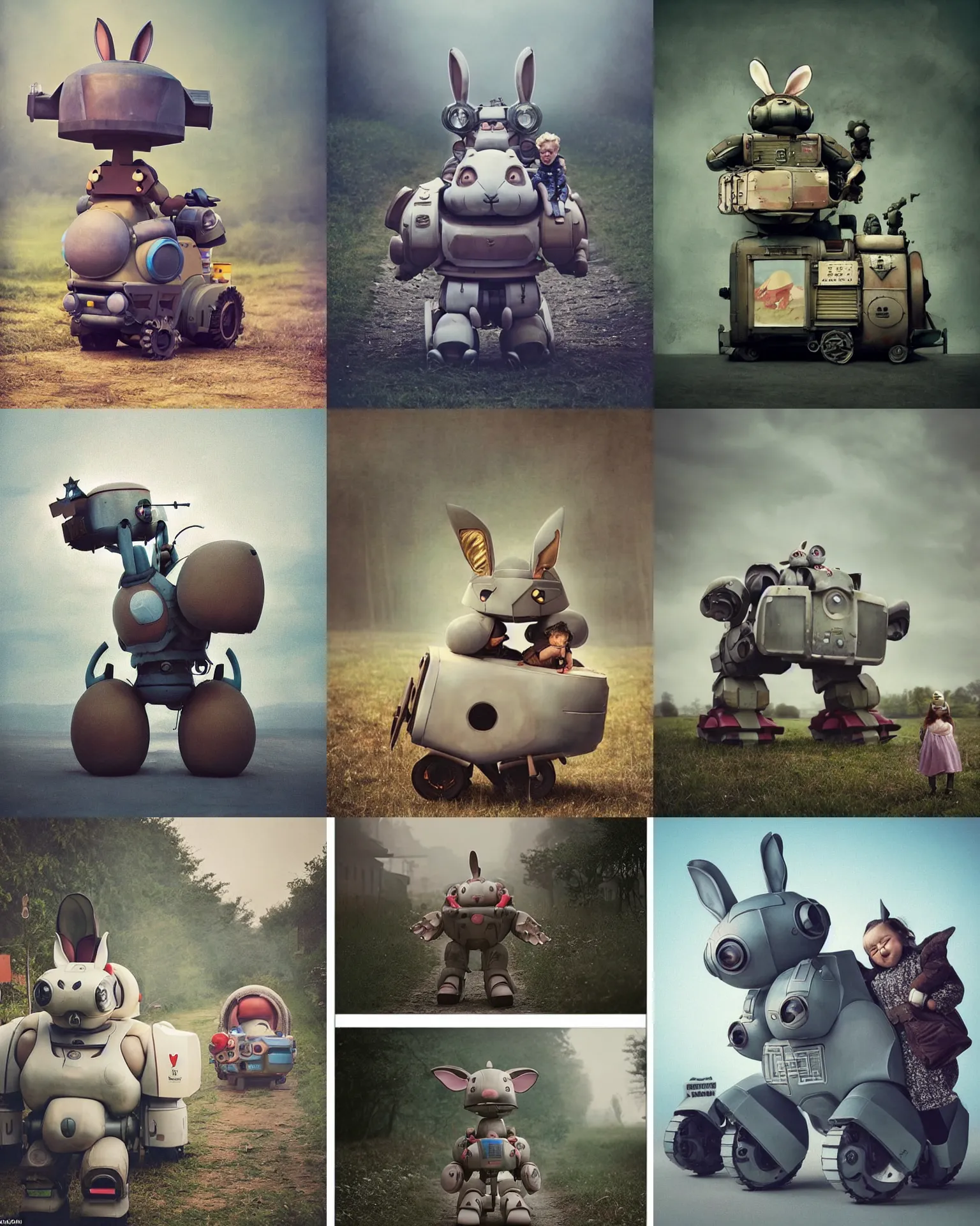 Prompt: epic battle pose !!!giant oversized battle rabbit robot as chubby mech baby train with big ears , on a village, full body , Cinematic focus, Polaroid photo, vintage , neutral dull colors, soft lights, foggy , nighttime by oleg oprisco , by victor enrich , by gregory crewdson