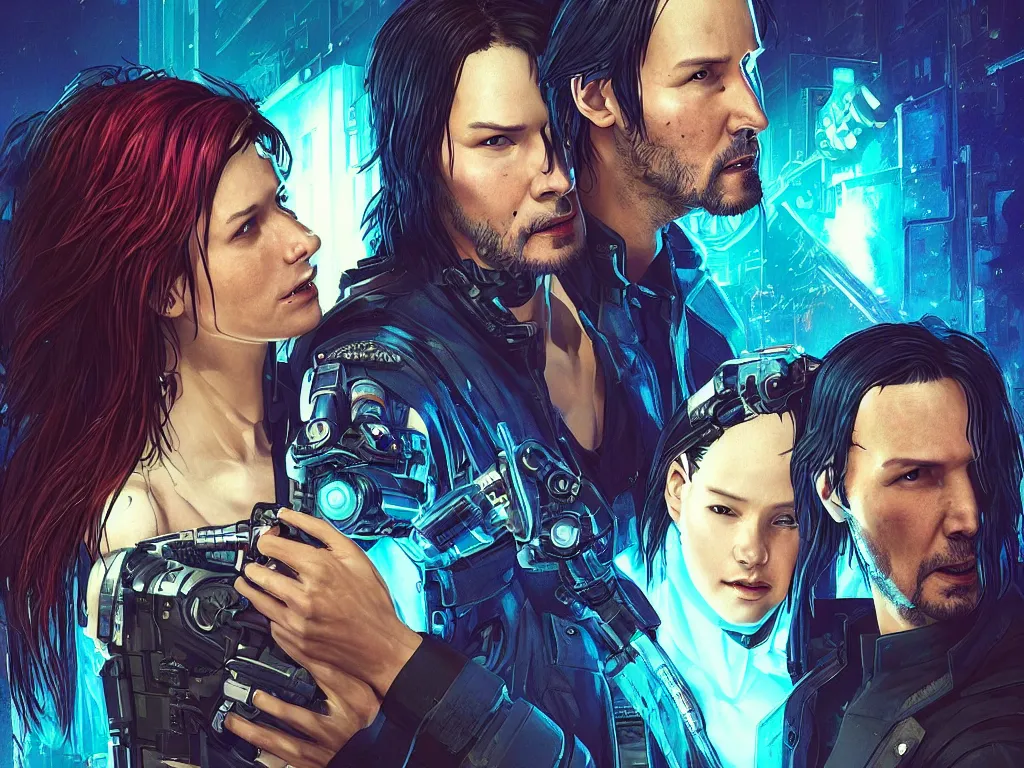 Image similar to a cyberpunk 2077 instagram couple portrait of a Keanu Reeves and a female android final kiss,love,film lighting,by Laurie Greasley,Lawrence Alma-Tadema,Dan Mumford,John Wick,Speed,Replicas,artstation,deviantart,FAN ART,full of color,Digital painting,face enhance,highly detailed,8K,octane,golden ratio,cinematic lighting