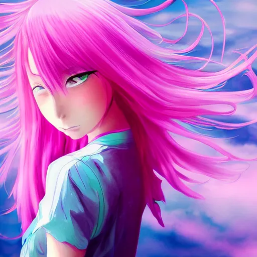 Image similar to “anime girl, flowing pink hair, extremely beautiful, swirly pink background, action shot, by Kurahana Chinatsu, trending on PixArt”