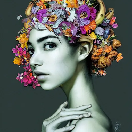 Image similar to the portrait of an absurdly beautiful, graceful, elegant young woman made of bananas and petals, an ultrafine detailed illustration by kim jung gi, irakli nadar, intricate linework, bright colors, final fantasy, angular, unreal engine 5 highly rendered, global illumination, radiant light, detailed and intricate environment