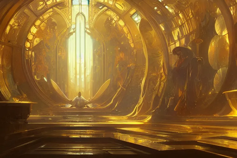 Image similar to a background matte painting for a high tech science fiction religious room with chambers of bubbling liquid gold intricate digital painting artstation concept art smooth sharp focus illustration, art by artgerm and paul chadeisson and greg rutkowski and alphonse mucha