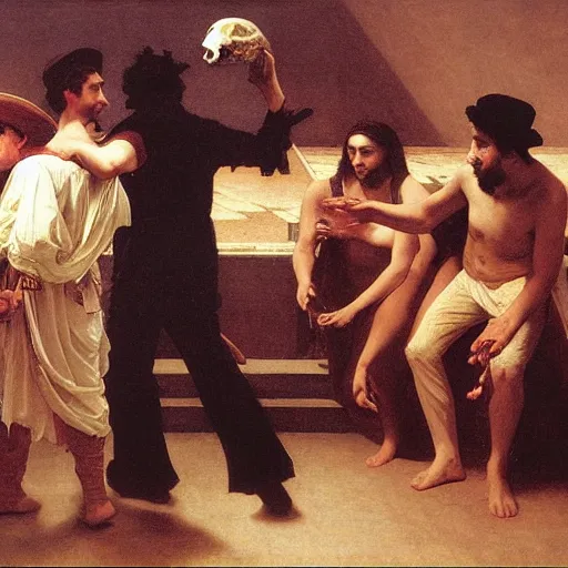 Prompt: spotlight skillful rendition of adam sandler atop the theater stage brandishing a skull hamlet play theatre oil painting brad rigney william adolphe bouguereau james tissot alexandre benois giotto ilya repin arkhip kuindzhi maximilian pirner