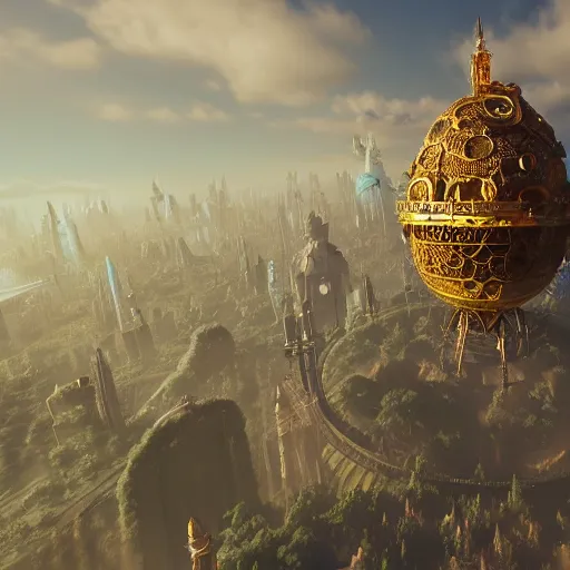 Image similar to enormous flying city in a faberge egg, sky, steampunk, fantasy art, masterpiece, unreal engine