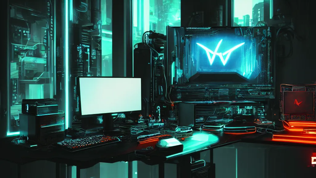 Image similar to a cyberpunk overpowered computer. Overclocking, watercooling, custom computer, cyber, mat black metal, alienware, futuristic design, desktop computer, desk, home office, whole room, minimalist, Beautiful dramatic dark moody tones and lighting, orange neon, Ultra realistic details, cinematic atmosphere, studio lighting, shadows, dark background, dimmed lights, industrial architecture, Octane render, realistic 3D, photorealistic rendering, 8K, 4K, nebula, galactic, space, Cyborg R.A.T 7, Republic of Gamer, computer setup, highly detailed